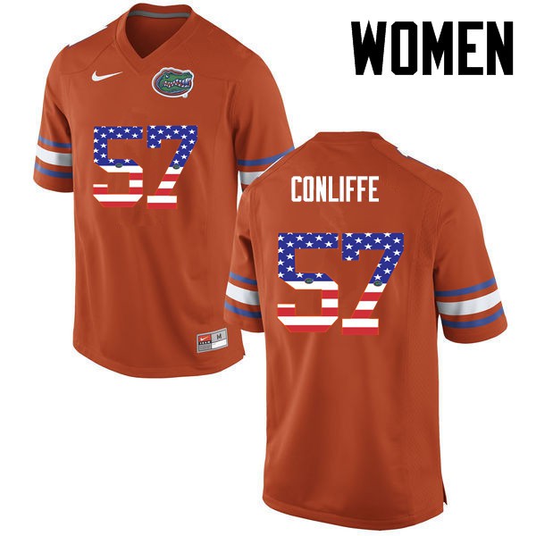 Florida Gators Women #57 Elijah Conliffe College Football Jersey USA Flag Fashion Orange